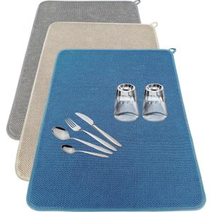 3 Pack Microfiber Dish Drying Mats,Ultra Absorbent Dish Drainer Mats,20x15" Large Size Kitchen Quick Dry Pads for Counter,Under Sink,Coffee Rack(Blue,Beige,Gray)