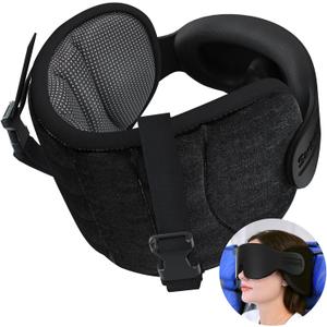 Travel Pillows for Airplanes, Airplane Pillow for Long Flight Car Road Trip, Airplane Head Strap with Sleep Eye Mask, 360 Support Headrest, Stop Bobblehead Travel Neck Pillow, Mottled Black