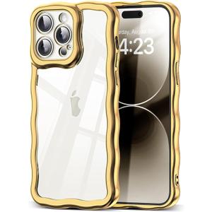 2 x SKYLMW Compatible with iPhone 14 Pro Case, Kawaii Cute Curly Wave Frame Luxury Plating Edge, Stylish Glossy Clear Back, Soft TPU Shockproof Protective Cases for iPhone 14 Pro, Gold