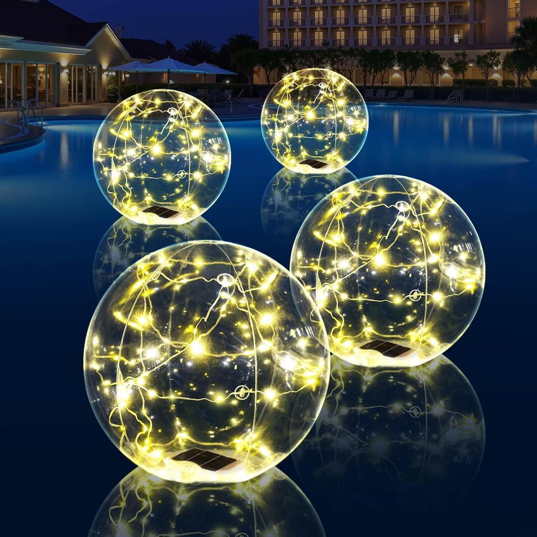 Floating Pool Lights, 15 Inch Warm White Solar Pool Light that Float, IP68 Waterproof Inflatable Light Up Pool Balls, Float or Hang Solar Floating Lights for Pool, Wedding, Party Decor - 4PCS