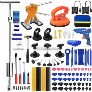 129pcs Dent Puller Kit, Paintless Dent Repair Kit for Dent Removal, Paintless Dent Removal Kit with T-Bar, Bridge Puller, Golden Lifter, Car Dent Puller Kit for Hail Damage Door Ding Fridge