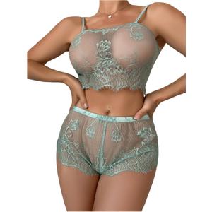 SOLY HUX Women's Floral Lace Sheer Bra and Boyshorts Panty 2 Piece See Through Lingerie Set (Plain Green) Medium
