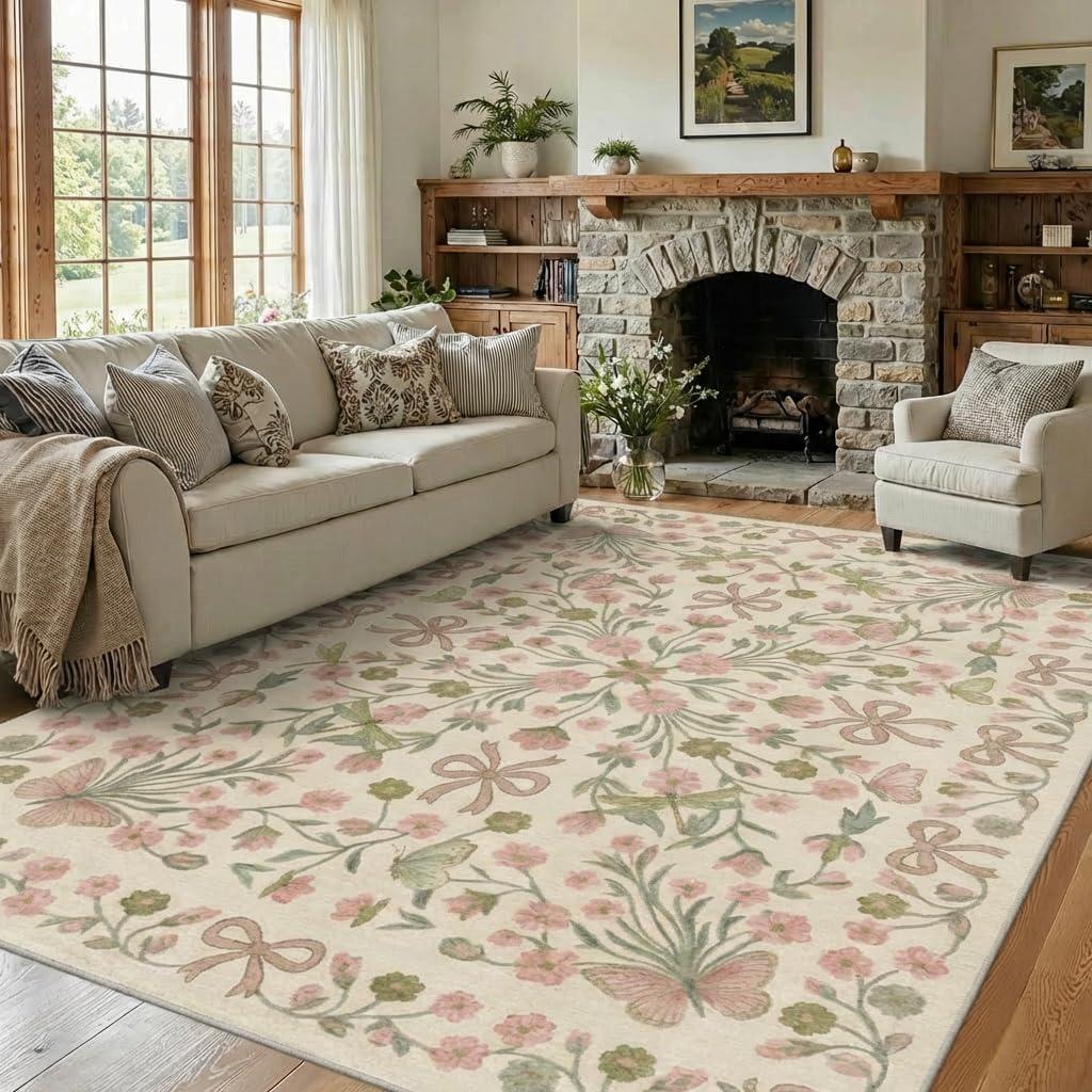 8x10 Pink and Green Vintage Floral Butterfly Bow Living Room Rug | Soft Low-Pile Machine-Washable Rug with Non-Slip Backing for Living Rooms, Bedrooms and Dining Rooms, Made for Everyday Care
