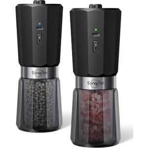 Sangcon Gravity Electric Salt and Pepper Grinder Set Rechargeable 800 mAh, 2-Speed, Reversible Rotating Pepper Mill Head, Adjustable Coarseness Automatic Salt Pepper Shakers Set, One-Handed Operation (Black)