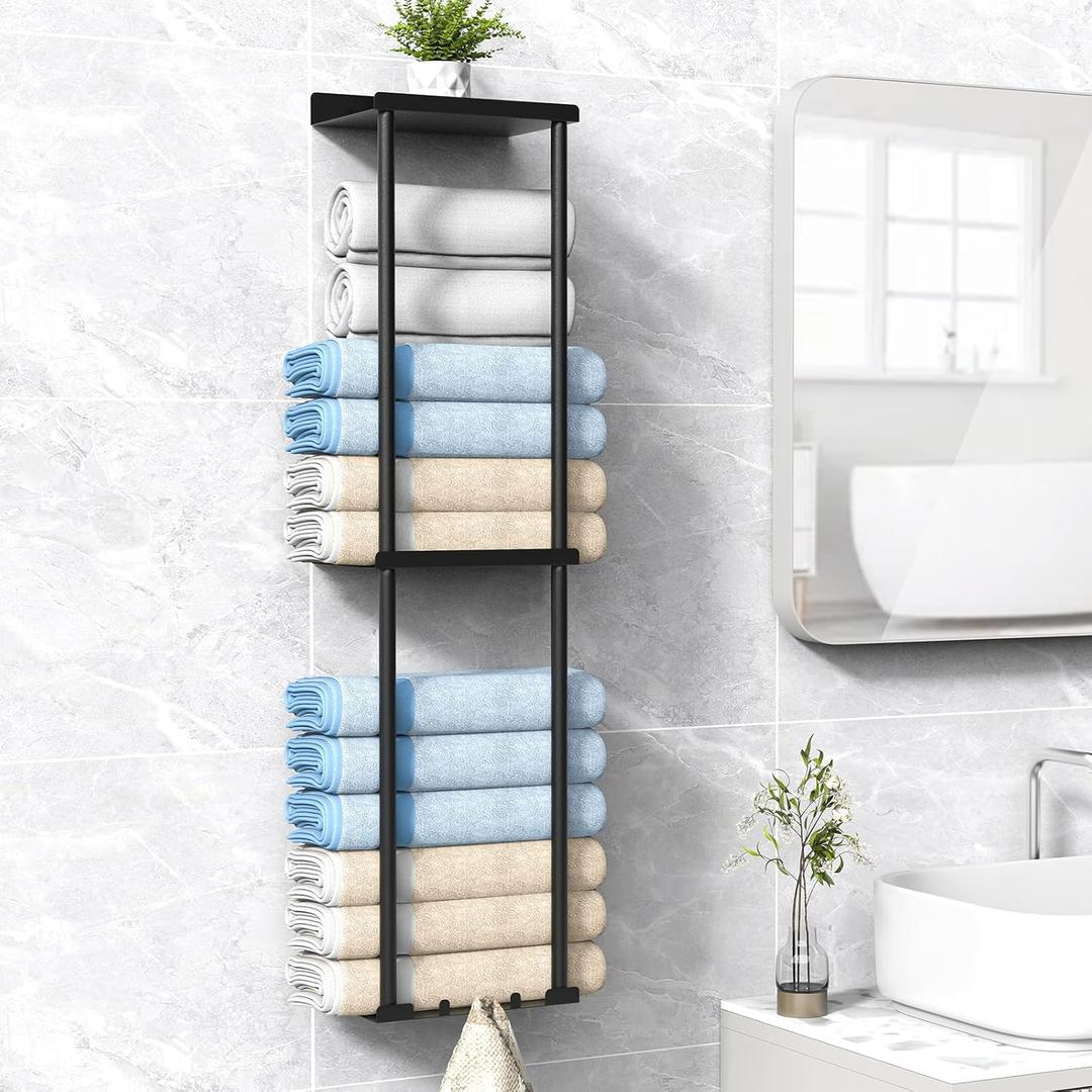 Towel Rack for Bathroom, Wall Mounted Vertical Rolled Towel Storage Organizer Holder with Shelf, Holds Up 6 Large Bath Sheets, Black (Standard Size)