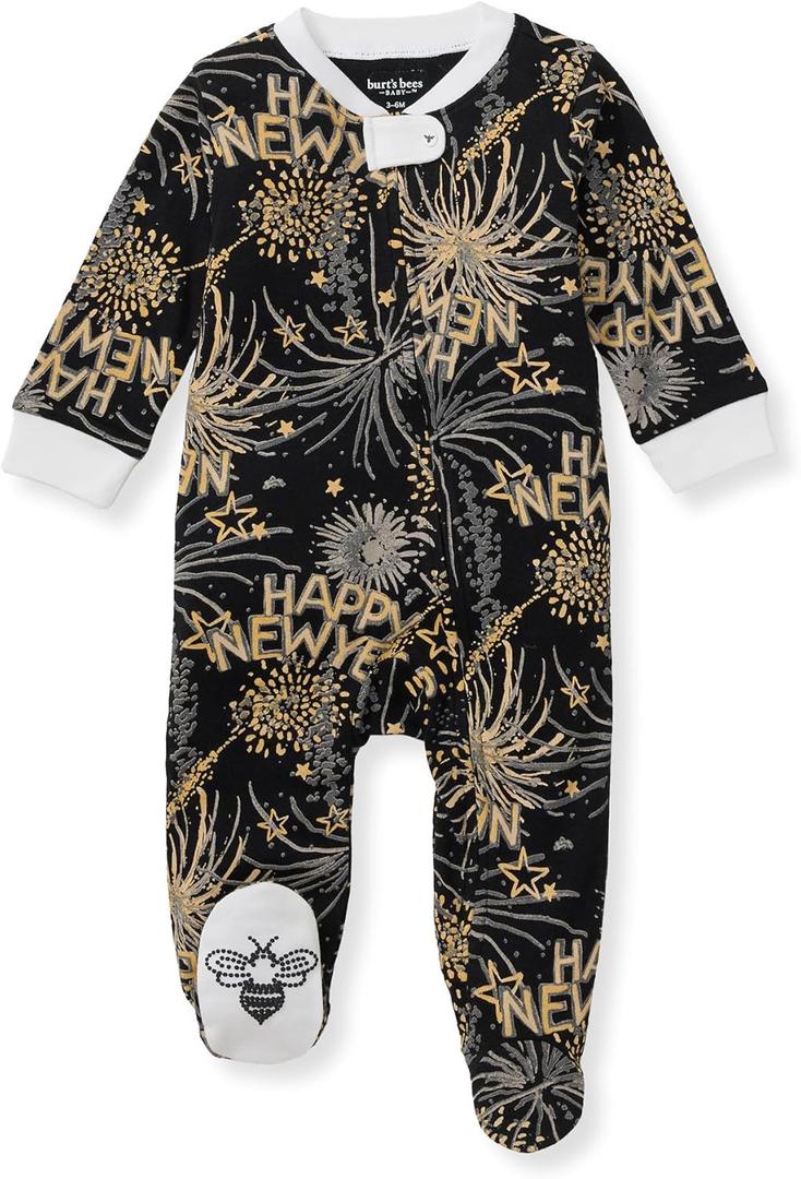 Burt's Bees Baby Boys' Sleep & Play PJs, 100% Organic Cotton One-Piece Zip Front Jumpsuit, Baby Boys Footie Pajamas & PJs (3-6 Months, New Year Cheer!)