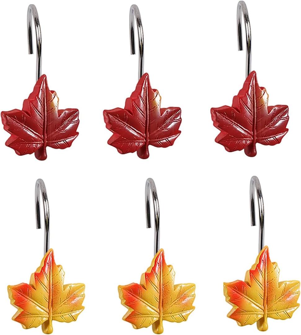 Maple Leaf Shower Curtain Hooks, 12Pcs Thanksgiving Decorative Autumn Fall Leaves Shower Curtain Rings Rustproof for Bathroom Bedroom Room Decor