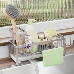 SWTYMIKI Sponge Holder for Kitchen Sink - Sink Caddy with Brush Holder Self-draining Sponge Caddy Organizer with Divider Stainless Steel Kitchen Accessories Storage for Countertop, Sand Nickel
