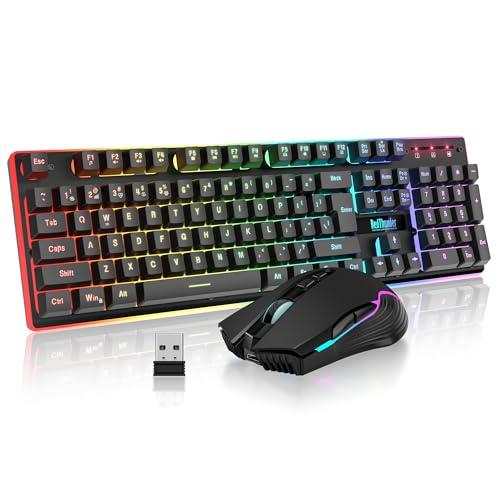 RedThunder K10 Wireless Gaming Keyboard and Mouse Combo, RGB Backlight Rechargeable 3800mAh Battery, 26-Key Anti-ghosting Keyboard + 7D 3200DPI Mice for PC Gamer