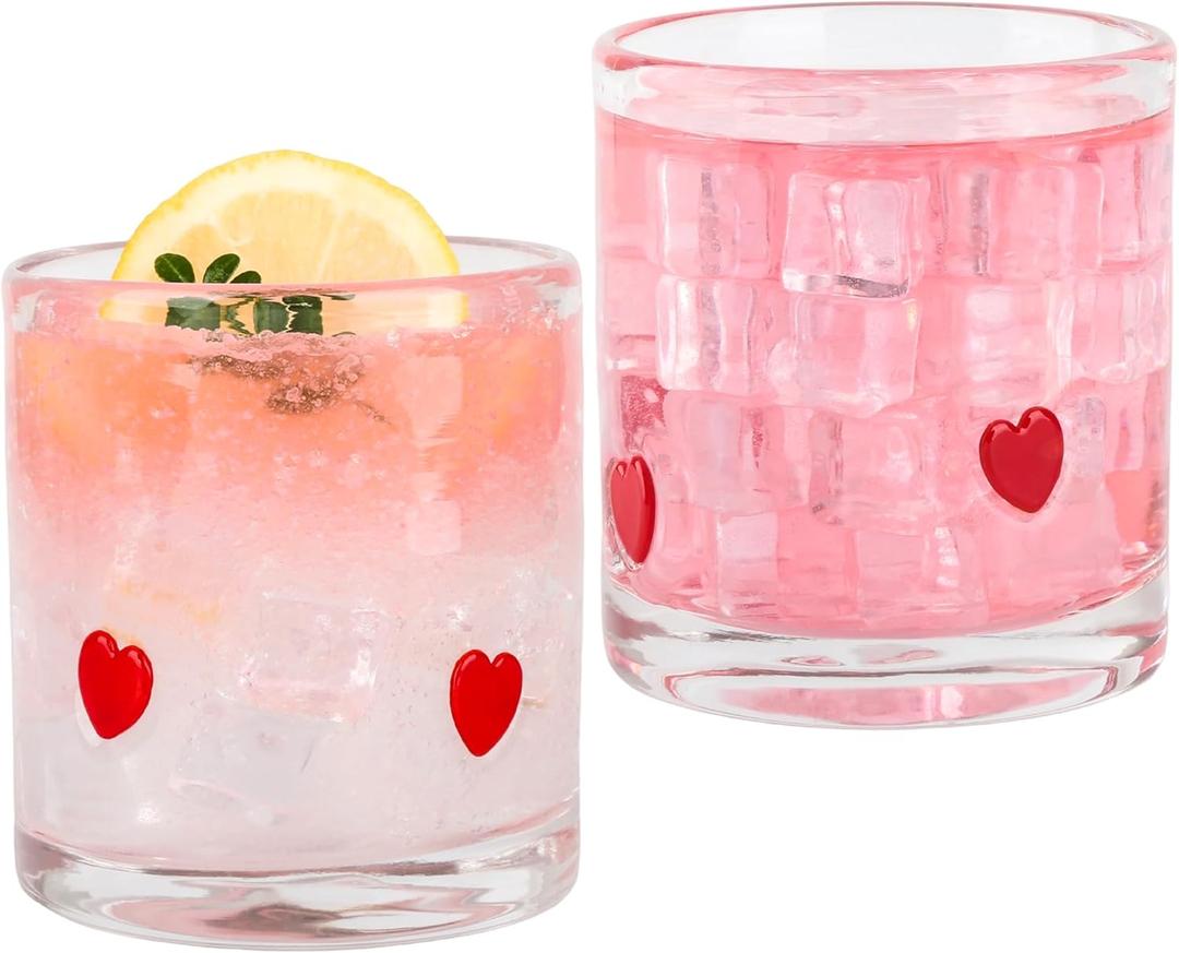 2 Pcs Red Hearts Icon Juice Glasses Valentines Day Handblown Cocktail Glass Cup 14oz Stemless Wine Coffee Drinking Cups for Gifts Holiday Party Supplies Decor (Hearts)