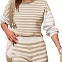 Tankaneo Womens Striped Sweater Sets 2 Piece Outfits Long Sleeve Color Block Knit Tops Matching Shorts Lounge Set (Large)