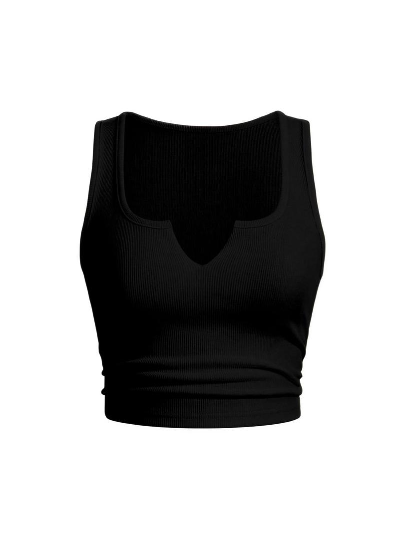 QJQ Women's Basic Sleeveless V Neck Tank Tops Ribbed Knit Fitted Crop Tops Casual Workout Top Black Large (Black, L)