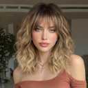 Lativ Blonde Wig With Bangs Short Wavy Curly Ombre Wig with Dark Roots Synthetic Heat Resistant Bob Wigs for Women Daily Party Use 14 Inches