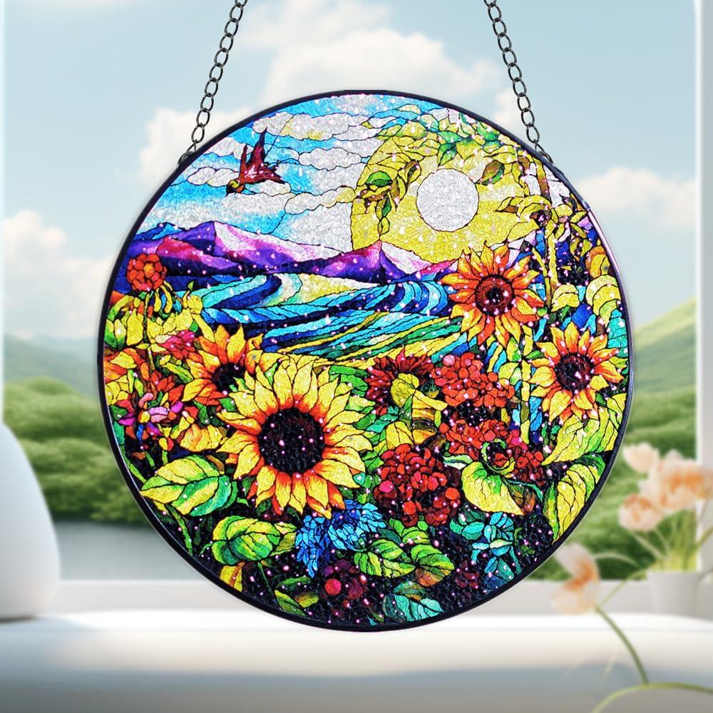 HOTIYOK Sunflower Stained Glass Window Hanging, Flowers for Kitchen Indoor Decorations, Gifts for Mom Women Grandma Teacher Nature Lovers