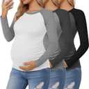 3 Pack Women's Maternity Shirts, Pregnancy Raglan Long Sleeve Tops Sides Ruched Crew Neck Color Block Mama Clothes (Large, Dark Gray/Black, Light Gray/Dark Gray, White/Light Gray)