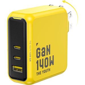 AOHI Youth 140W GaN+ USB C Charger 100W Laptop Fast Charger PD3.1 PPS 3-Port USB C Wall Charger Power Adapter for MacBook Pro 16'', Dell XPS, iPhone 16/15 Pro Max, iPad Pro, Tablet, Chromebook, Yellow