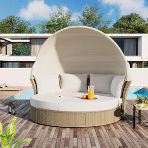 Outdoor Patio Rattan Round Daybed with Retractable Canopy, Wicker Furniture Clamshell Sectional Seating Sunbed with Removable Cushions and 4 Pillows for Patio Backyard Porch,Beige