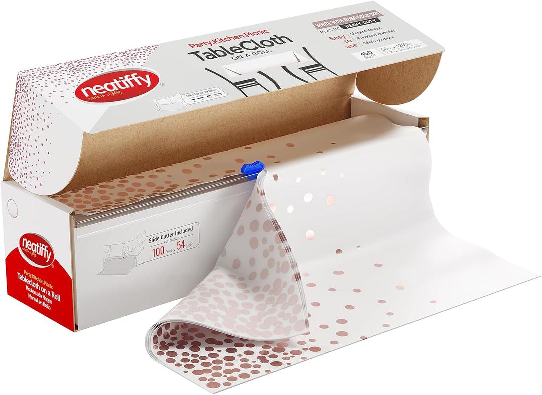 Neatiffy Disposable Plastic Table Cloth Roll with Slide Cutter | Waterproof Cover for Rectangle, Square, Oval Tables | Picnic, Party, Banquet, Birthdays, Weddings - White Rosegold Dots, 1200.8" x 53.9" (Roll with Safe Cutter)