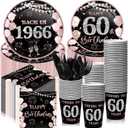 240 Pcs 60th Birthday Decorations Birthday Party Tableware Include Plates Napkins 9oz Cups Cutlery Anniversary Dinnerware Party Supplies for Men Women Him Her, Serve 30 Guests(Black Pink)