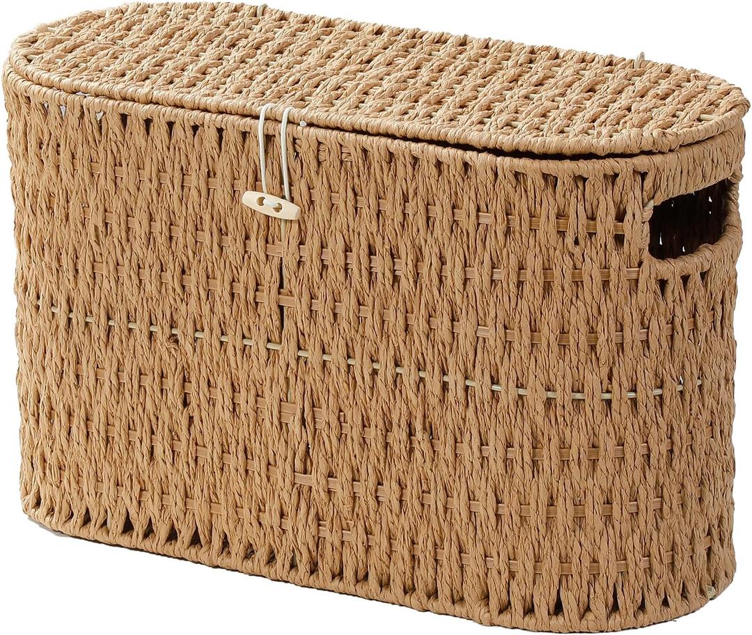 Coeusy Toilet Paper Basket with Lid,Paper Rope Decor Basket for Bathroom Organizers and Storage,Holds Up to 6 Mega Rolls,Decorative Hand-Woven Bathroom Bedroom Living Room Decor