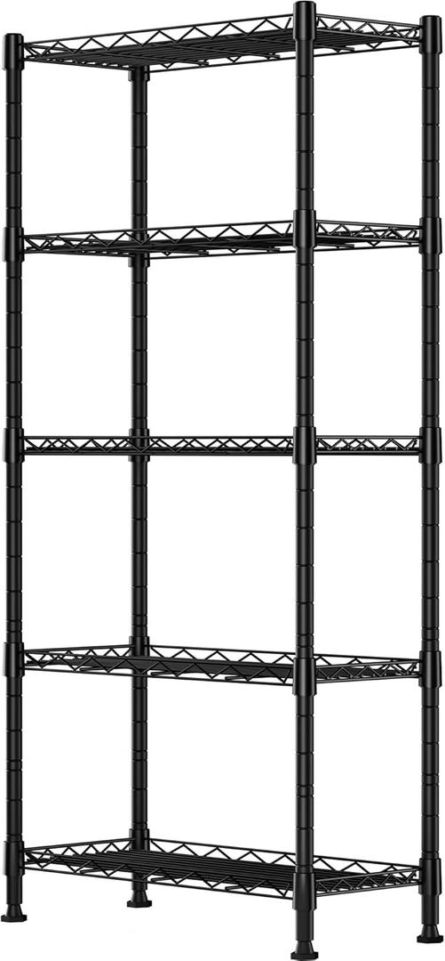 GIOTORENT 5-Wire Garage Shelving Storage Shelves, Kitchen Storage Adjustable Shelf, Metal Shelves 500Lbs Capacity 21" L x 11.8" W x 53.8" H for Laundry Bathroom Pantry Closet, Black (11.8D x 21.0W x 53.8H (5Tier))