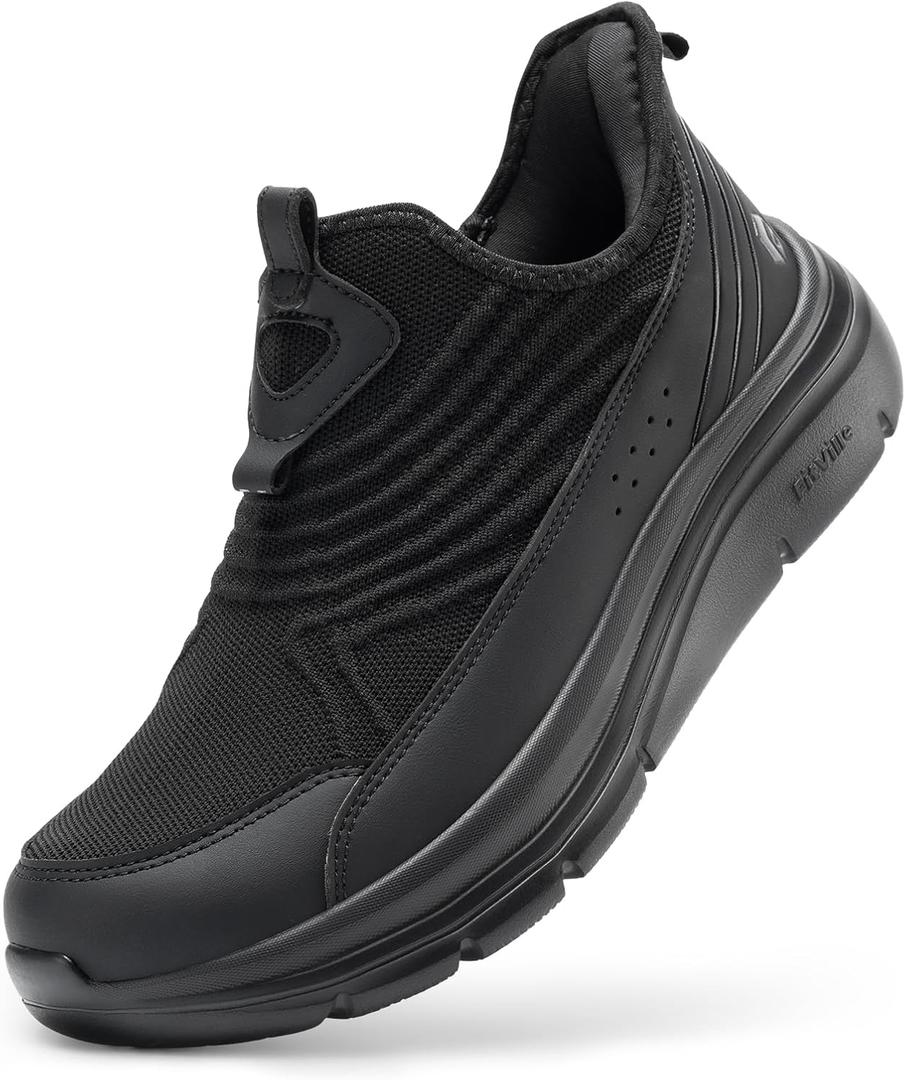 FitVille Men's Extra Wide Slip-On Walking Shoes, Hands-Free Orthopedic Sneakers with Arch Support for Plantar Fasciitis, Bunions and Hammertoes  Step Ease V1 (9.5 Wide, Jet Black)