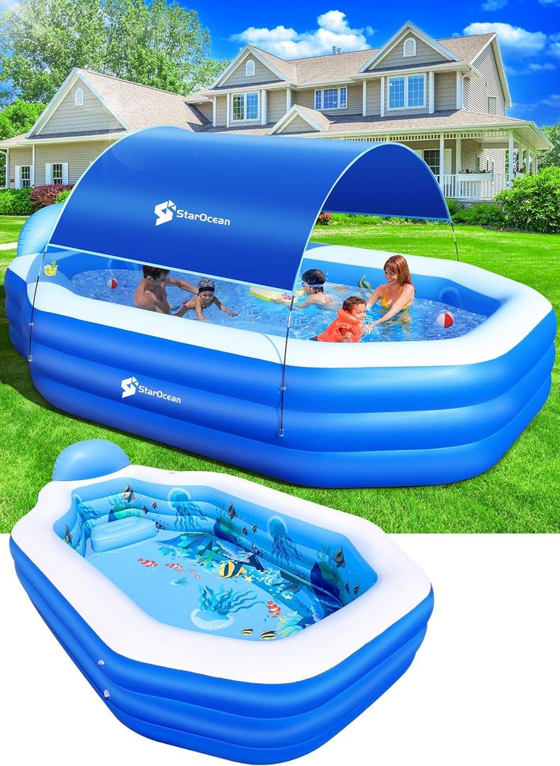 Inflatable Pool with Canopy,Large Inflatable Swimming Pool for Kids,Adult,Blowup Pool with Seats,Backrest.Durable Thickened 118"x75"x22" Inflatable Family Pools for Backyard-Dark Blue
