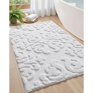 DEXI Bathroom Rug 17x30, Non Slip Washable Bath Mat for Shower Floor, Absorbent Soft Bathmat with Rubber Backing, Plush Fluffy Microfiber Floral Retro Carpet, White