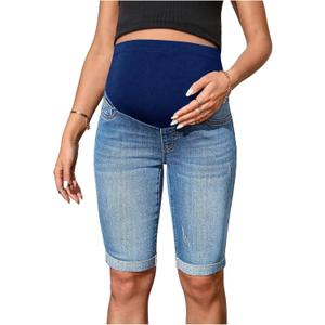 MakeMeChic Women's Maternity Jeans Elastic Waisted Knee Length Straight Leg Summer Pregnancy Denim Pants Medium Wash Medium