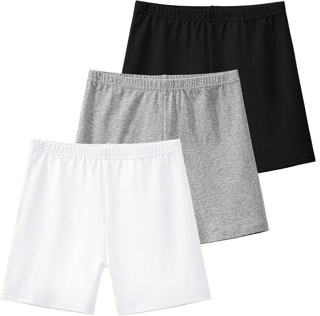 KEREDA Girls Bike Shorts Cartwheel Dance Under Dress Shorts for Kids 3 Pack (10-12 Years, Black-white-grey)