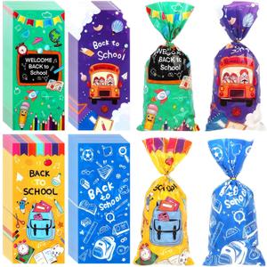 100 Pieces Back to School Cellophane Treat Bags Cute Cartoon Pencil Ruler Book Printed Candy Bags Plastic Goodie Snack Pouches with Twist Ties for Studens First Day of School Party Favor Supplies
