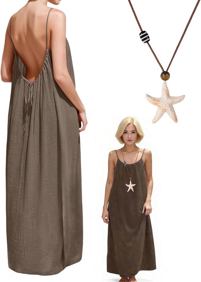 PFULTY 2026 Backless Cami Lounge Dresses for Women,Women's Solid Color Low Back Dress with Back Tie (Brown,Medium)