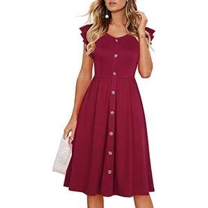 Lamilus Women's Casual Summer Dresses 2025 Ruffle Sleeves V-Neck Button Down Midi Swing Party Dress L
