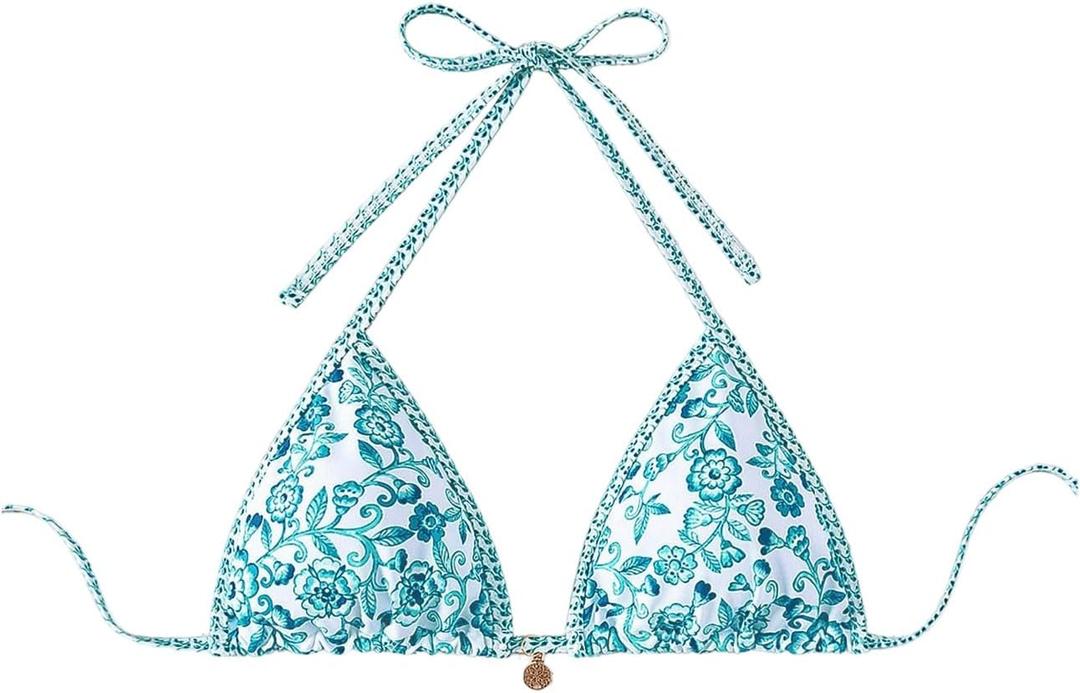 SOLY HUX Women's Triangle Bikini Top String Swimsuit Tops | Tie Back, Floral Print, Padded, Bathing Suit Tops, Cute Bikinis, small