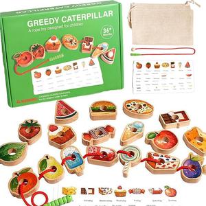 2025 New Upgrade Wooden Greedy Caterpillar Rope Toy,Threading Toys, 2.5in Fruit & Vegetable Toys with Rope, Montessori Fine Motor Skills Farm, Bag for 3+ Year