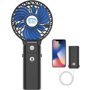 HandFan 5200mAh Portable Handheld Fan Rechargeable with Power Bank-3 Speeds Foldable Personal Cooling, 2-IN-1 Hand Held Fan Battery Operated, 20H Runtime for Travel/Summer/Concerts/Women (Black & Blue)