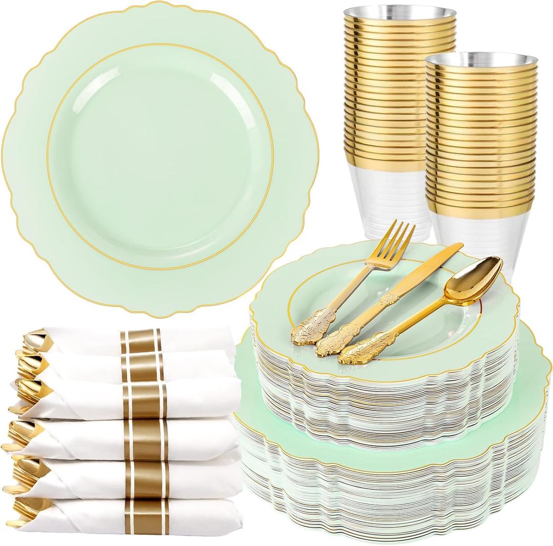 Liacere 350PCS Light Green Plates - Disposable Green and Gold Plastic Plates 50guest Baroque Dinnerware include 100Plates,50Pack Pre Rolled Napkins with Silverware 50Cups for Mother's Day