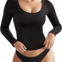 MANGOPOP Scoop Neck Long Sleeve Tops for Women Sexy Slim Fitted Going Out T Shirt Tops Cropped (Black, L)