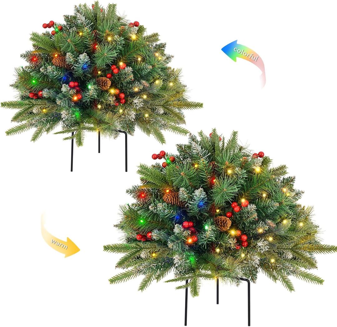 2 Pack Artificial Christmas Urn Filler, 18IN Pre-lit Outdoor Christmas Tree