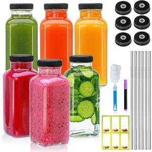 Maredash 12oz Glass Bottles with lids,juice bottles gifts for women,glass bottles with lids,glass water bottles. Kit includes Stainless Steels Straws,Two Types of Lid,Cleaning Brush 6pcs