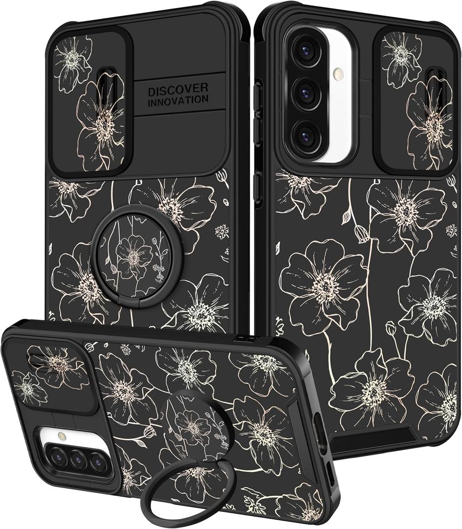Funermei for Samsung Galaxy A36/A56 5G Phone Case - Women Girls Cute Phone Cover Girly Pretty Aesthetic Gold Flower Unique Design with Camera Cover Ring Stand Funda for A36/A56 5G Case, Black Flower