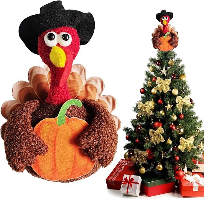 Thanksgiving Christmas Tree Topper Decorations, 12 Inches Large Turkey Velvet Fall Thanksgiving Christmas Tree Ornaments for Home Indoor Party Decor