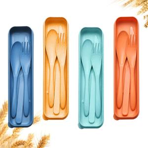 Reusable Travel Utensils Set with Case, 4 Sets Wheat Straw Portable Knife Fork Spoons Cutlery, Eco-Friendly BPA Free Plastic Tableware for Kids Adults Travel Picnic Camping Utensils (4 Sets - Dark Green, Orange, Yellow, Dark Blue)