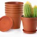 4 Inch Plastic Plant Pots 6 Pack, Small Flower Pots with Drainage Holes and Tray, Thickened Indoor Planters Seedlings Nursery Pots, African Violet, Succulent and All House Plants, Terracotta