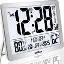 Digital Wall Clock Battery Operated with Backlight, Atomic Alarm Clocks with Indoor Temperature & Humidity for Bedrooms, Office, 8.5" Small Desk Clock with Large Display for Seniors, Auto DST, Sliver