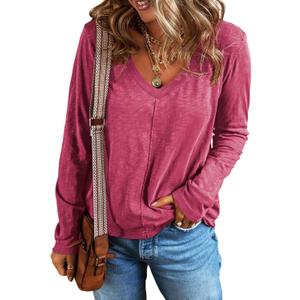 EVALESS Womens Tops Fashion V Neck Long Sleeve Shirts Casual Fall Outfits Basic T Shirts Blouses Top Women's Clothing (Pink, S)