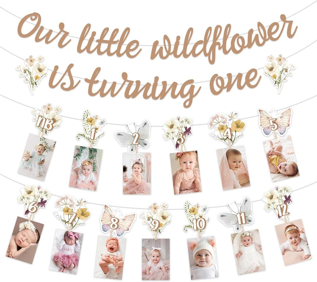 Jollyboom Wildflower First Birthday Decorations, Boho Our Little Wildflower is Turning One Banner Garland Photo Banner from Newborn to 12 Months for Floral Flower Theme Girls 1st Birthday Party Decor