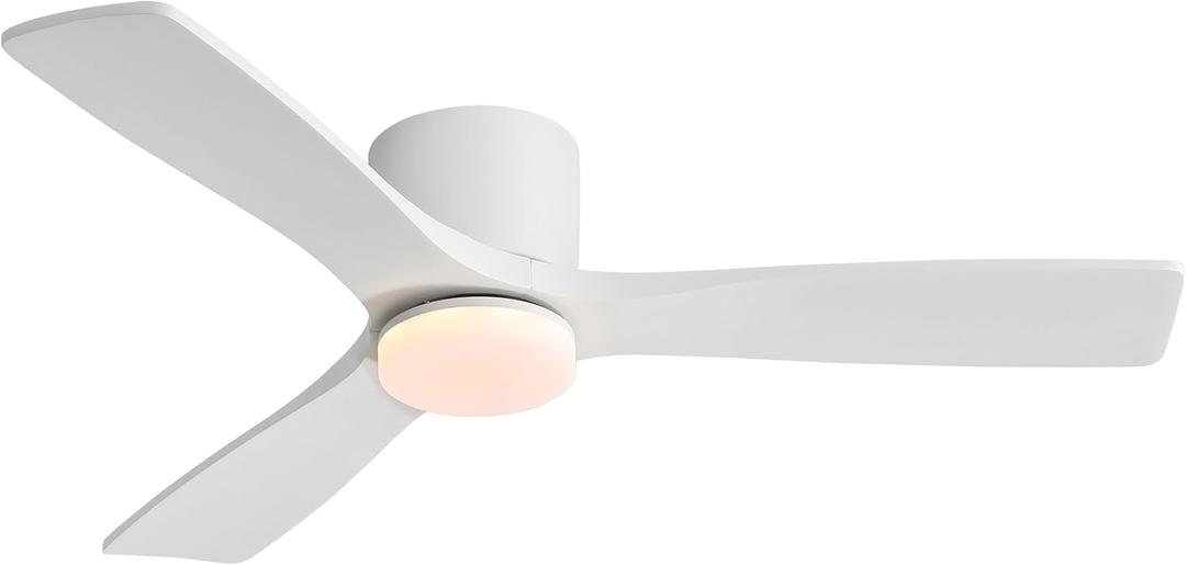LEDLUX 48" Ceiling Fan with Light - Low Profile Flush Mount Ceiling Fan, Dimmable Light, 6-Speed DC Motor Remote Control, 3 Solid Wood, White, for Bedroom, Living Room, Porch