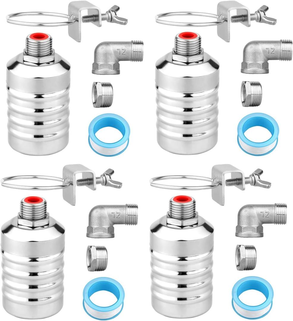 4 Sets Water Float Valve Kit, 1/2" to 3/4'' Stainless Steel Automatic Water Level Control Shut Off Float Valve for Aquarium Swimming Pool Fish Tank Livestock Trough Distiller