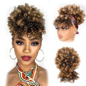 Drawstring Ponytail for Black Women, Afro Puff Kinky Curly Hair Ponytail Extension with Bangs Updo Natural Hair Ponytail (T27 Natural Black/Blond)